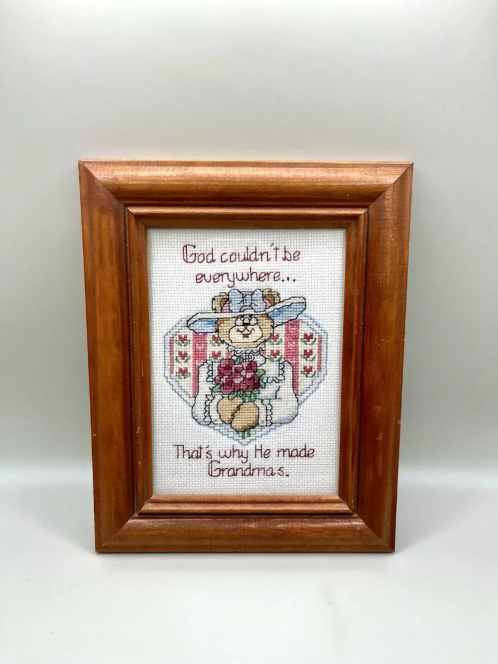 VTG Grandma Framed Cross Stitch Handmade Needlepoint Cottage Folk Religious Bear